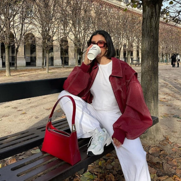 Burgundy Oversized Bomber Jacket for Women | Casual Layering Outerwear