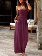 Strapless Bandeau Midi Dress with Waist-Cinching and Double Pockets for Women