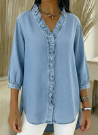 Denim V-Neck Ruffled Shirt for Women | Relaxed Fit Top