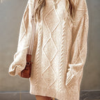 Diamond Cable Knit Round Neck Relaxed Fit Jumper Dress for Women | Autumn Winter