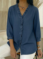 Denim V-Neck Ruffled Shirt for Women | Relaxed Fit Top