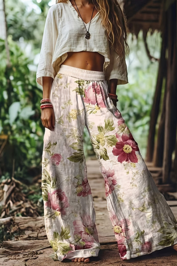Floral Print Cropped Wide Leg Trousers for Women