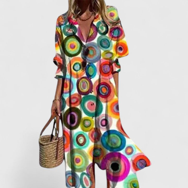 Leaf Print Maxi Shirt Dress for Women | Floor-Length Boho Style