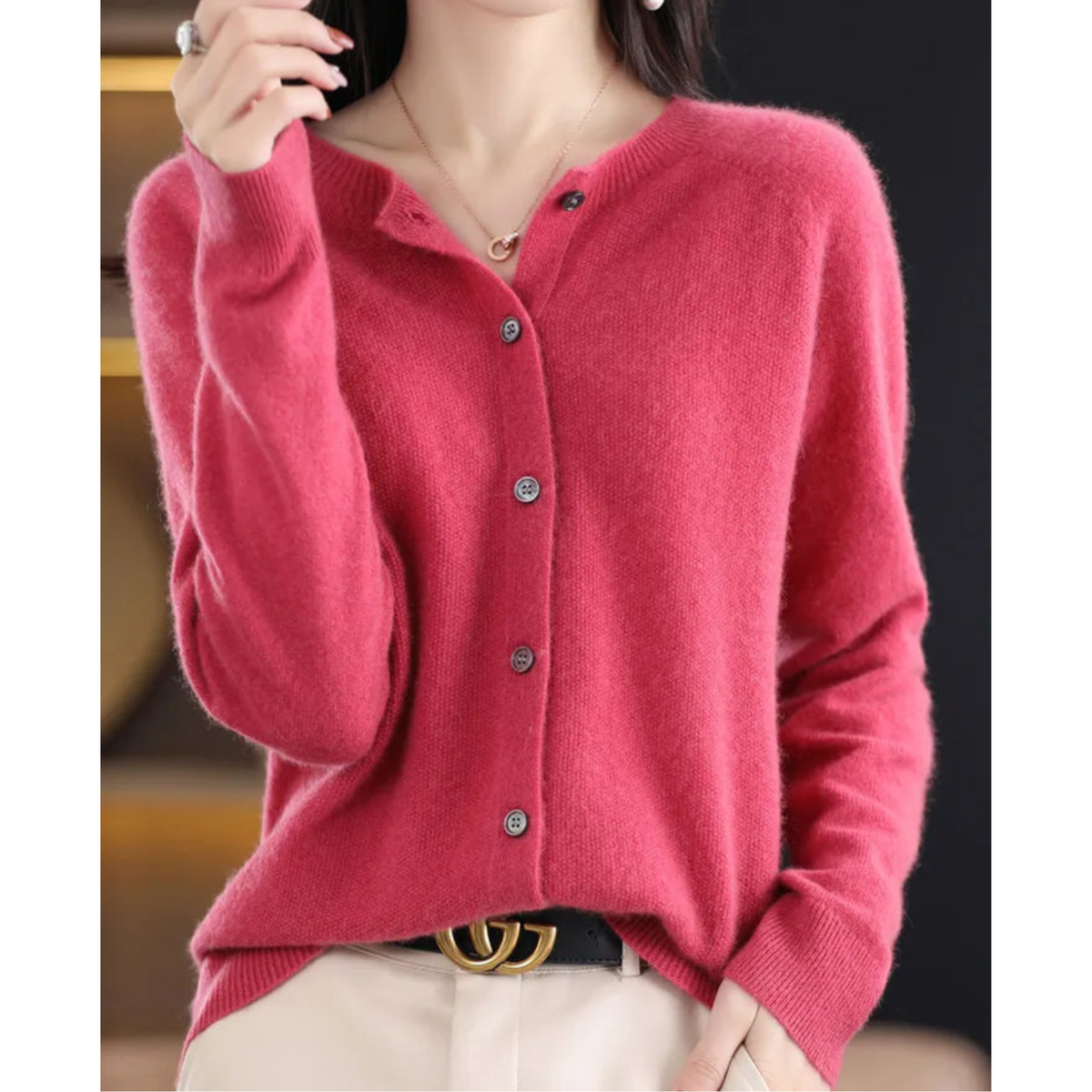 Merino Wool Cashmere Blend Round Neck Button Cardigan for Women | Winter Knit
