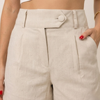 High Waist Linen-Look Shorts for Women | Summer Pleat Detail