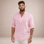 Linen Regular Fit Shirt for Men with Stand Collar and Long Sleeves