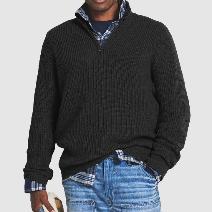 Cashmere Ribbed Quarter Zip Regular Fit Jumper with Raised Collar for Men