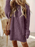 Diamond Cable Knit Round Neck Relaxed Fit Jumper Dress for Women | Autumn Winter