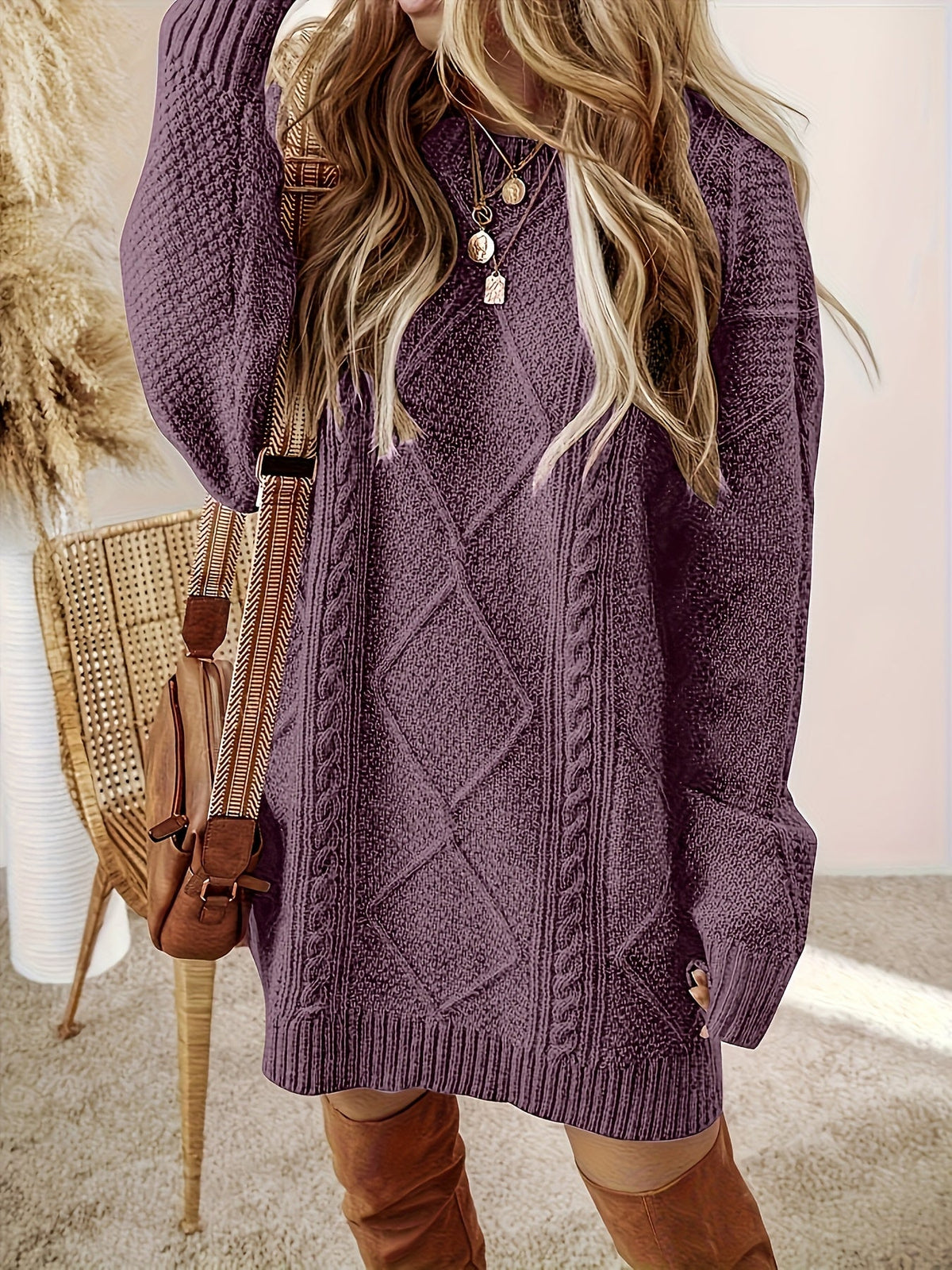 Diamond Cable Knit Round Neck Relaxed Fit Jumper Dress for Women | Autumn Winter