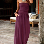 Strapless Bandeau Midi Dress with Waist-Cinching and Double Pockets for Women