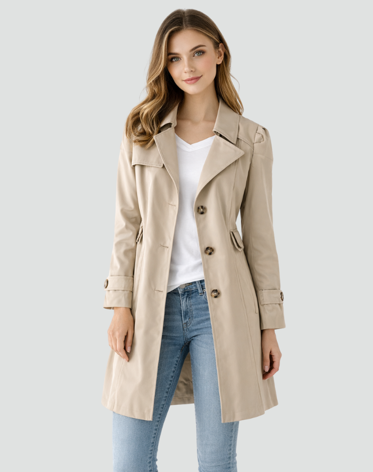 Tailored Mid Length Trench Coat with Structured Lapel Collar for Women