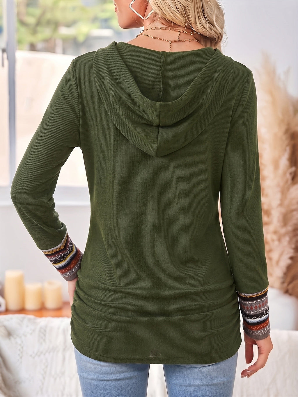 Patchwork Hoodie with Striped Trim and Side Ruching for Women | Casual Wear