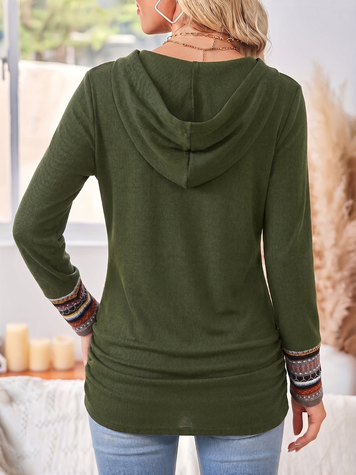 Patchwork Hoodie with Striped Trim and Side Ruching for Women | Casual Wear