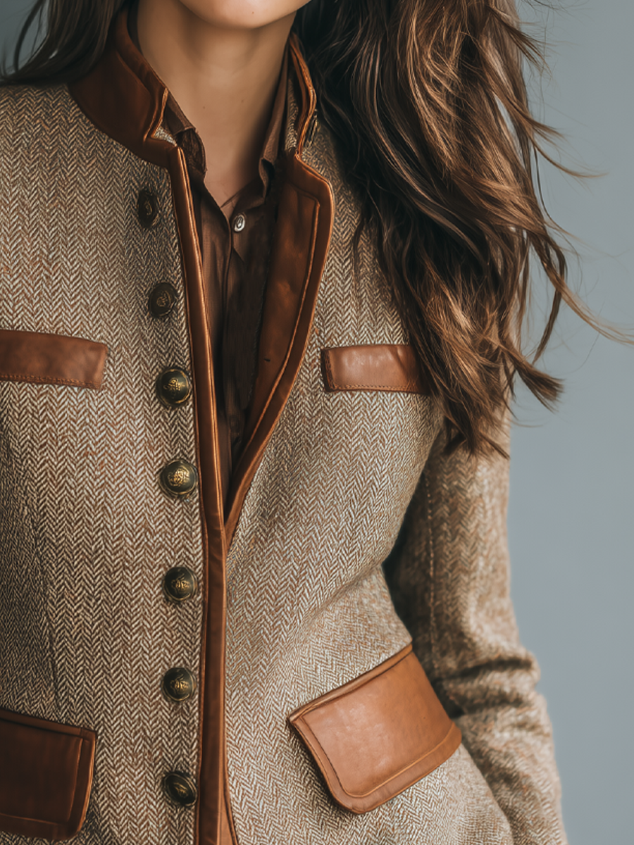 Brown Vintage Tweed Style Fitted Jacket with Braid Trim and Pockets for Women