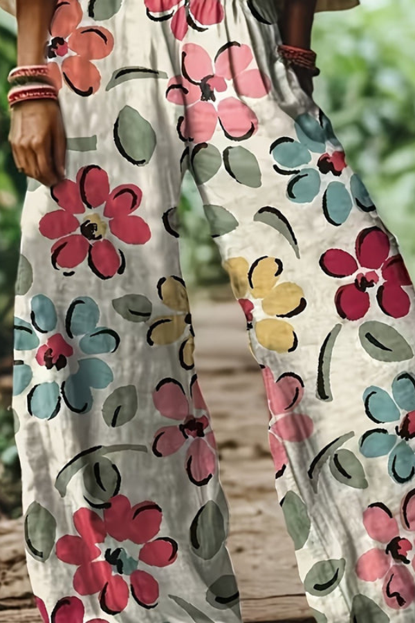 Floral Print Cropped Wide Leg Trousers for Women