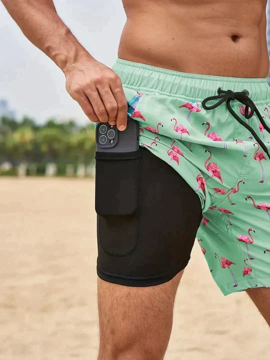 Flamingo Print Regular Fit Swim Shorts for Men