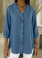 Denim V-Neck Ruffled Shirt for Women | Relaxed Fit Top