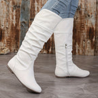 Flat Slouch Knee High Buckle Boots with Side Zip and Round Toe for Women