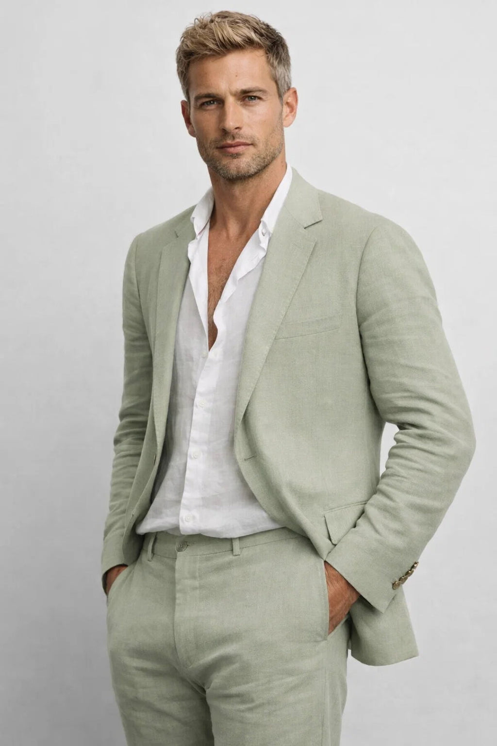 Green Blue Beige Regular Fit Two-Piece Set for Men