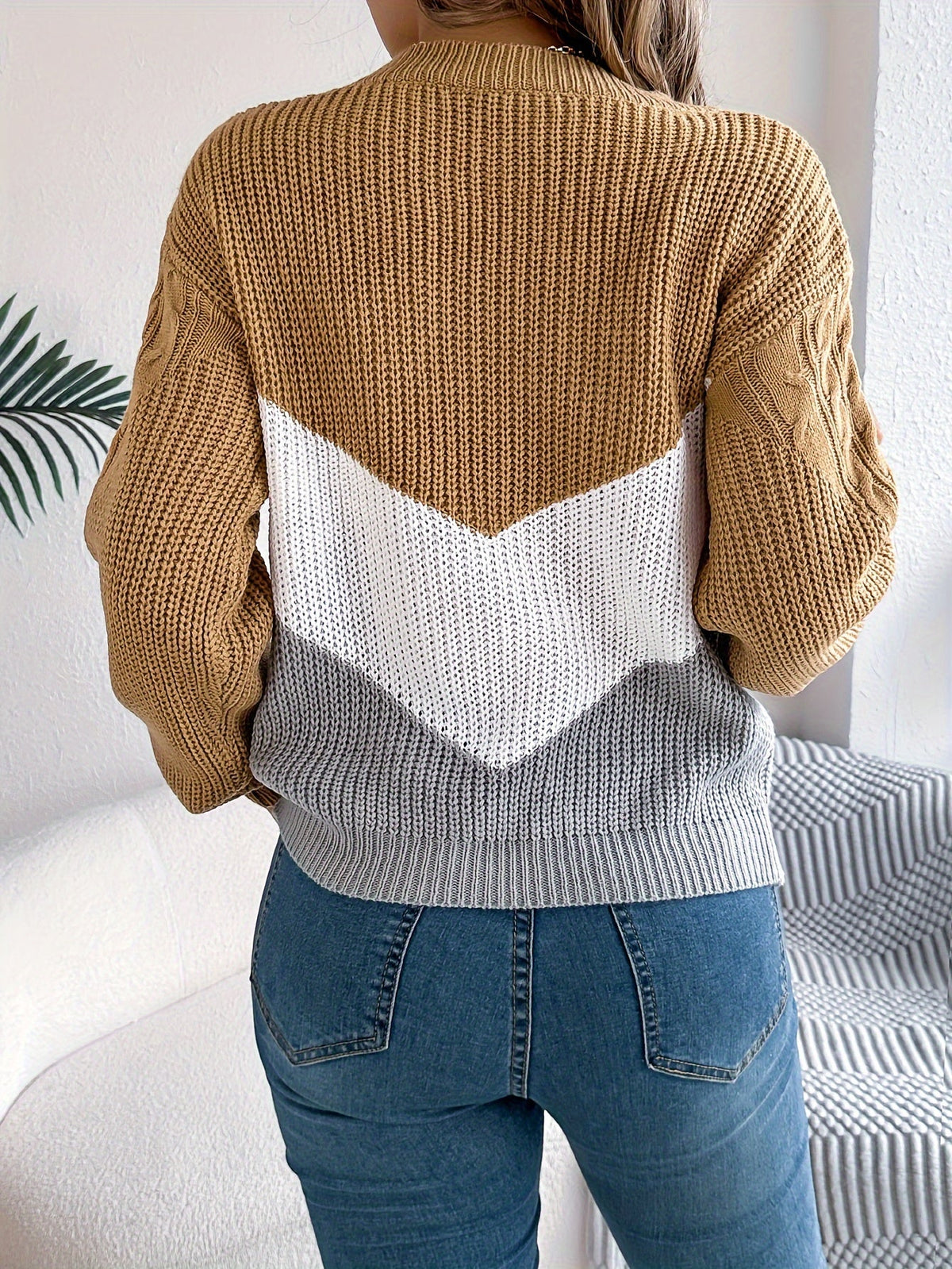 Colour Block Cable Knit Round Neck Long Sleeve Jumper for Women | Autumn Winter