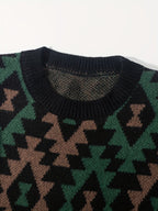Black Geometric Pattern Relaxed Fit Knit Jumper with Ribbed Cuffs for Men