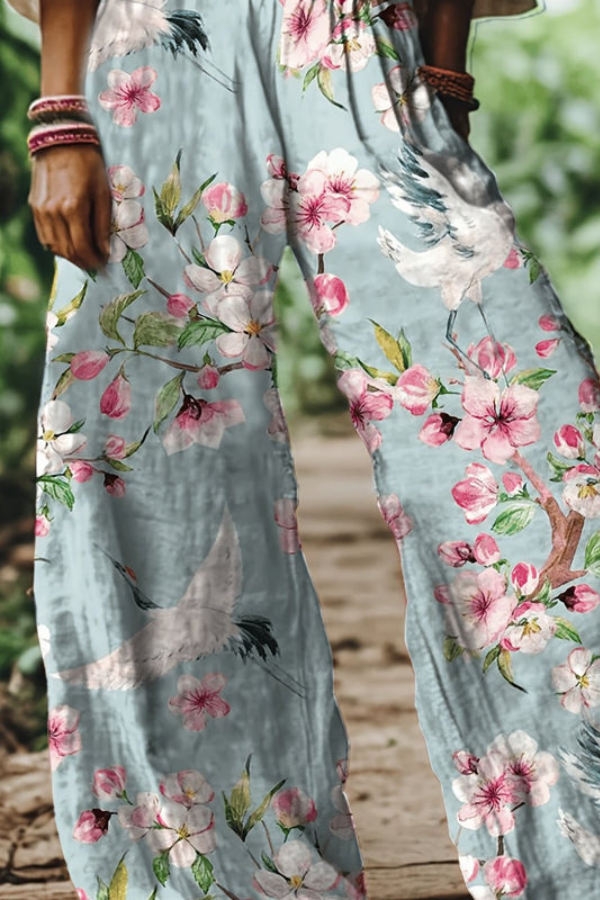 Floral Print Cropped Wide Leg Trousers for Women