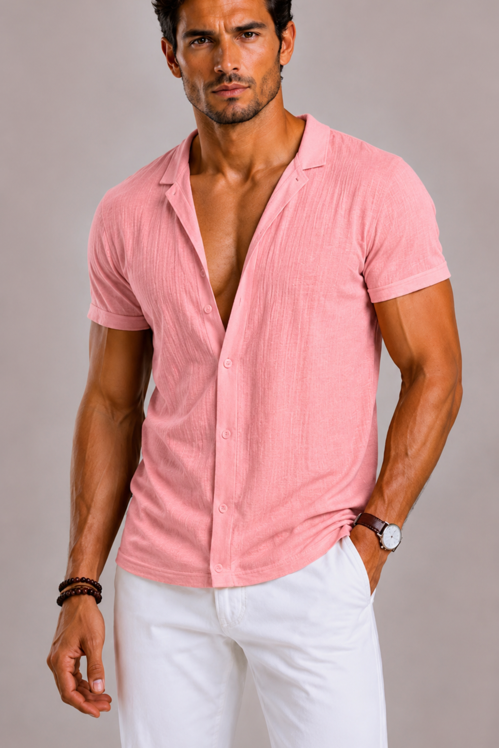 Linen Short Sleeve Shirt for Men with Button Front and Ribbed Texture