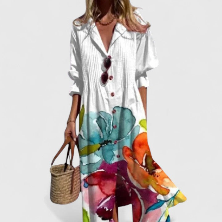 Leaf Print Maxi Shirt Dress for Women | Floor-Length Boho Style
