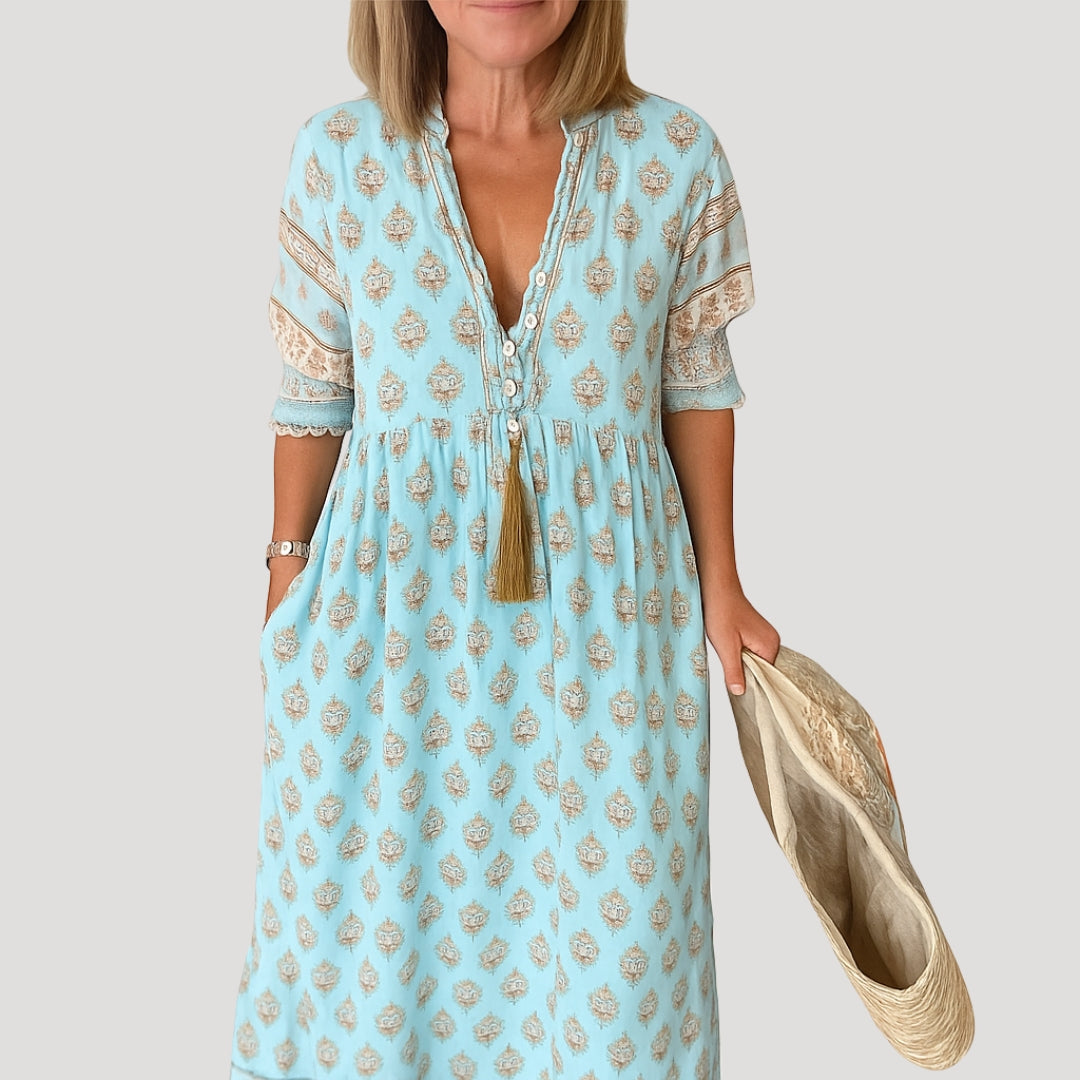 Women Midi Dress | Loose fit with V-neck and side pockets