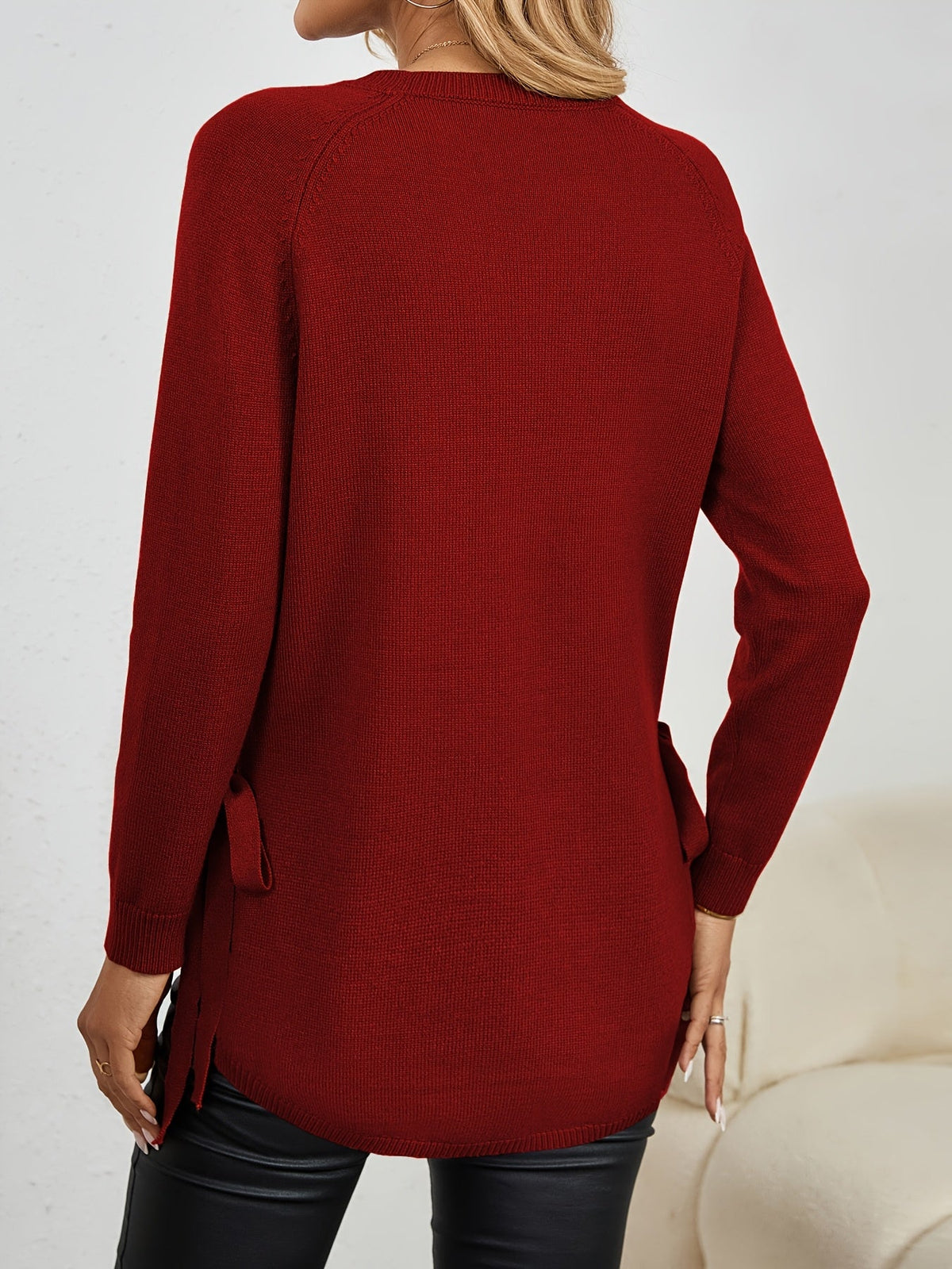 Knit Relaxed Fit Round Neck Longline Jumper with Side Slits for Women | Autumn