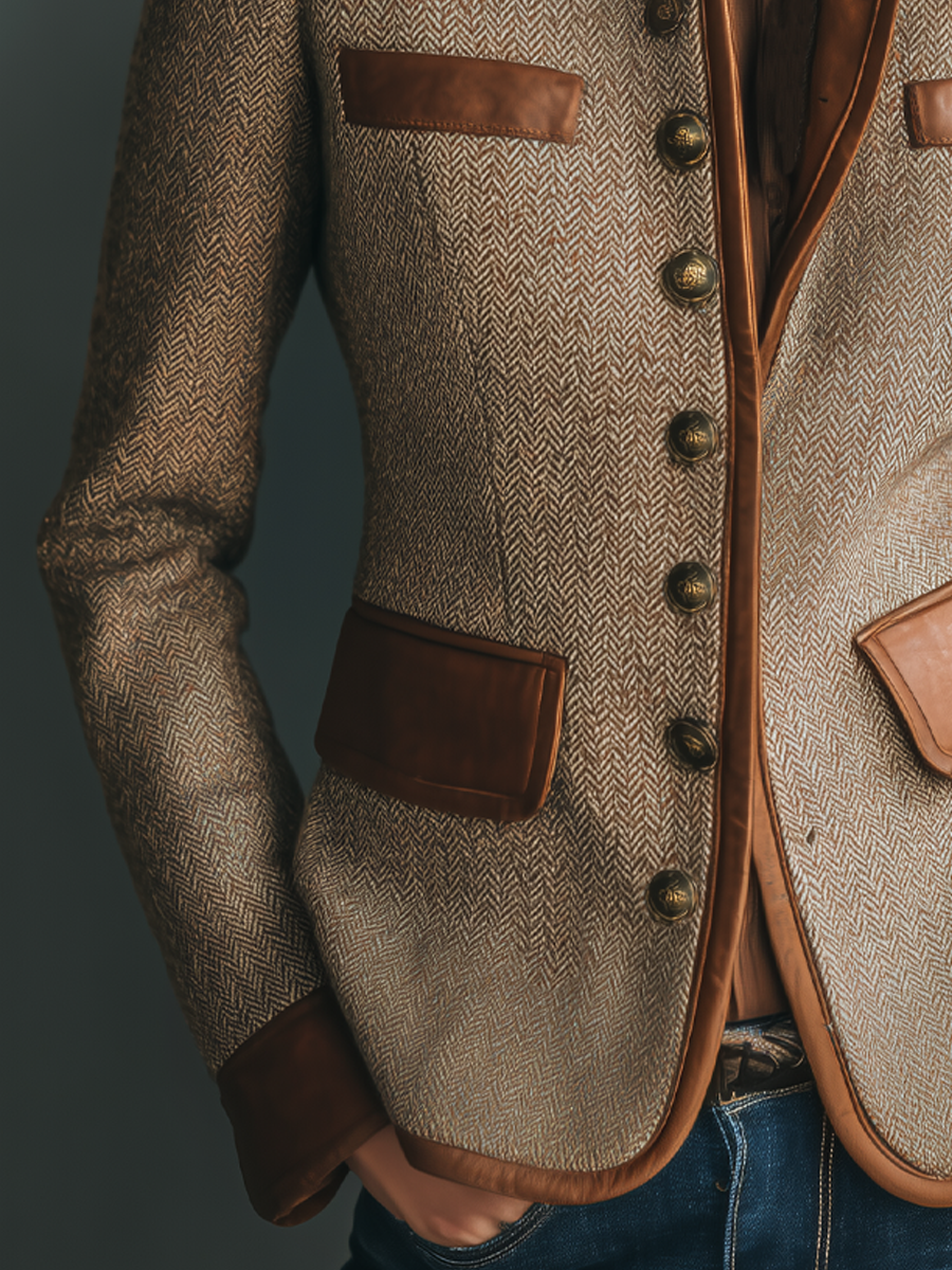 Brown Vintage Tweed Style Fitted Jacket with Braid Trim and Pockets for Women