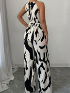 Black Abstract Print Wide Leg Jumpsuit for Women