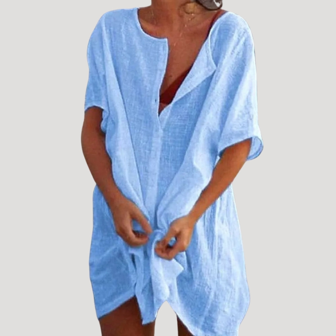 Women Tunic Dress | Loose fit with V-slit neckline and short sleeves