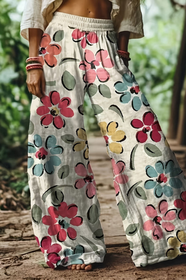 Floral Print Cropped Wide Leg Trousers for Women