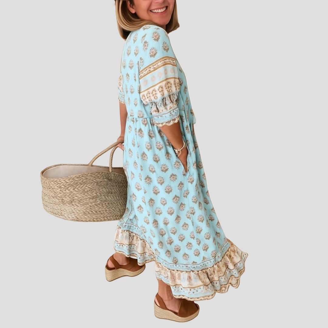 Women Midi Dress | Loose fit with V-neck and side pockets