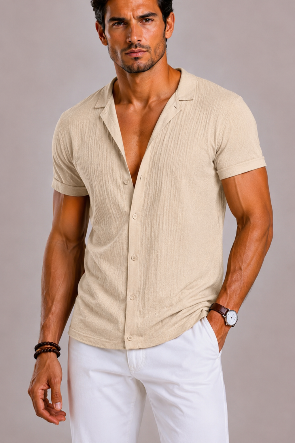 Linen Short Sleeve Shirt for Men with Button Front and Ribbed Texture
