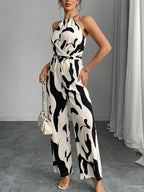 Black Abstract Print Wide Leg Jumpsuit for Women