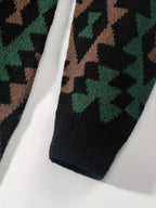 Black Geometric Pattern Relaxed Fit Knit Jumper with Ribbed Cuffs for Men