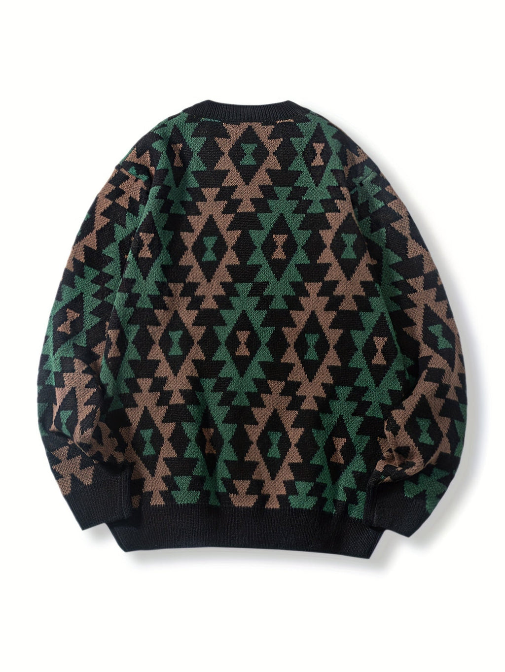 Black Geometric Pattern Relaxed Fit Knit Jumper with Ribbed Cuffs for Men