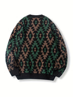 Black Geometric Pattern Relaxed Fit Knit Jumper with Ribbed Cuffs for Men