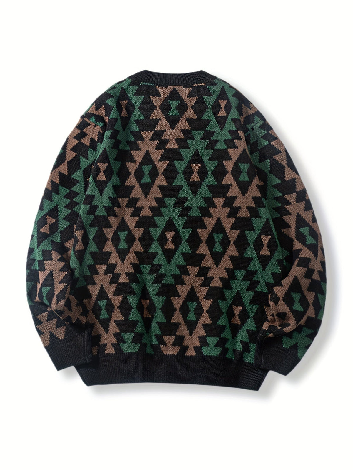 Black Geometric Pattern Relaxed Fit Knit Jumper with Ribbed Cuffs for Men
