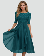 Lace Bodice Three-Quarter Sleeve Midi Party Dress for Women