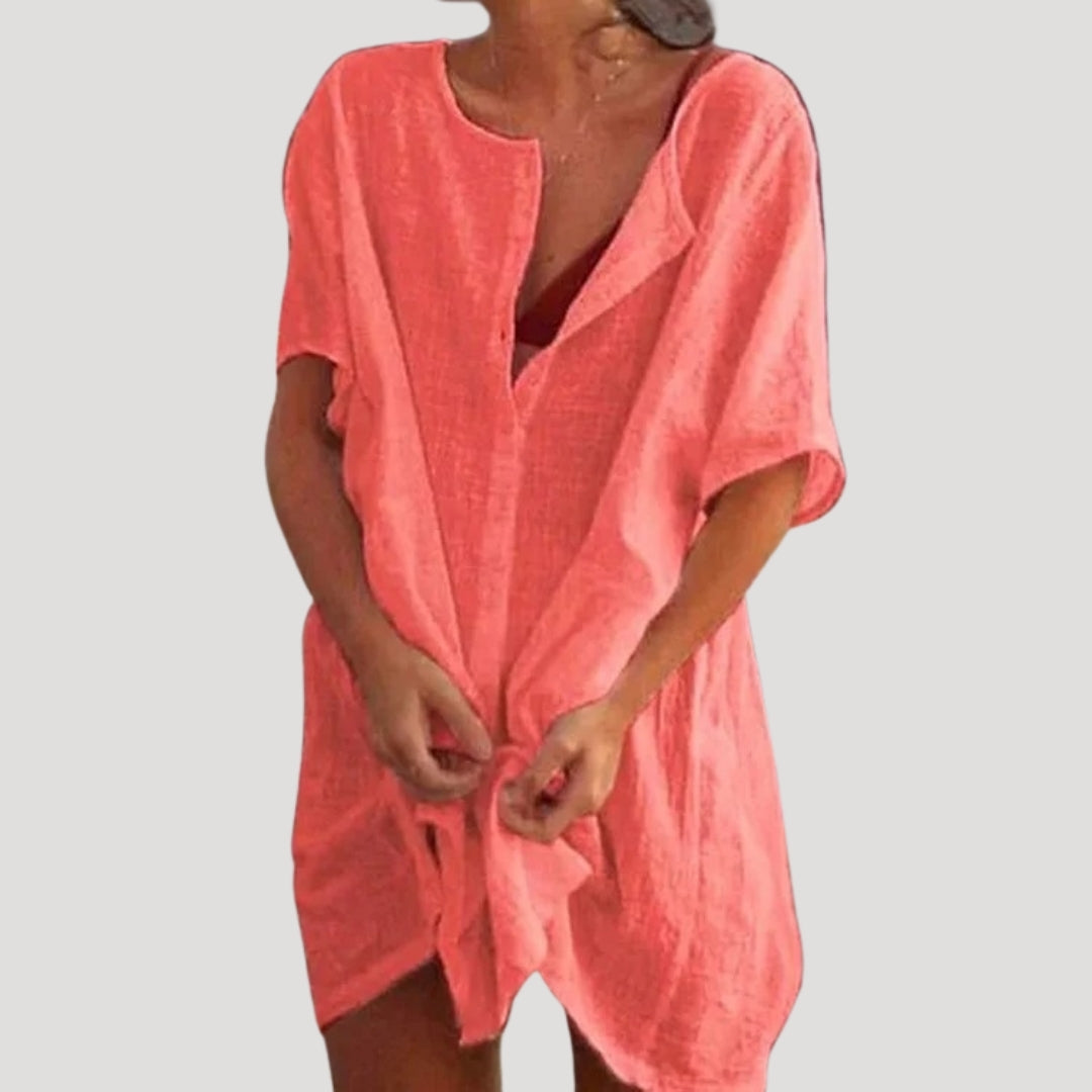 Women Tunic Dress | Loose fit with V-slit neckline and short sleeves