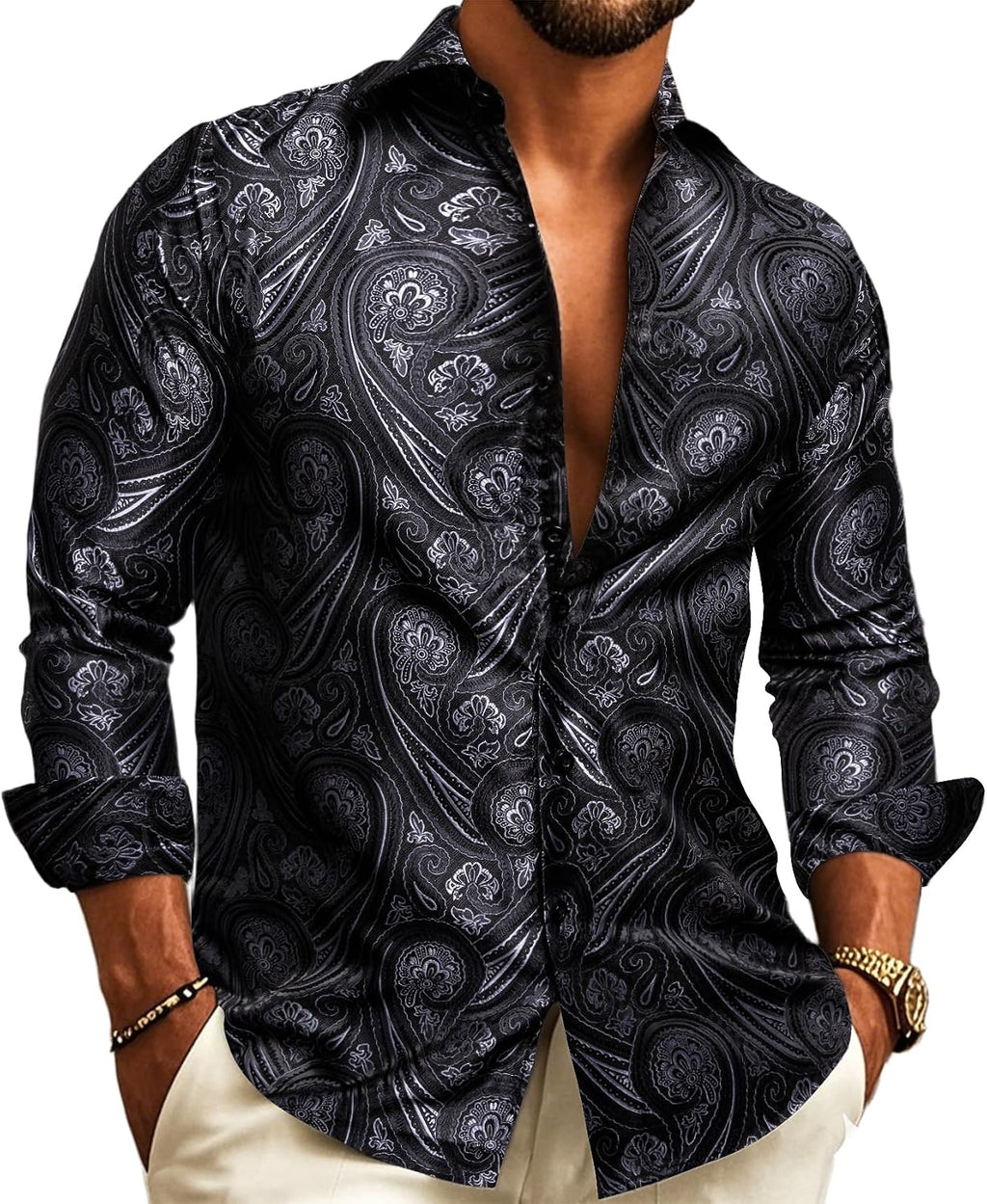 Paisley Jacquard Long Sleeve Button Front Shirt for Men | Evening Wear