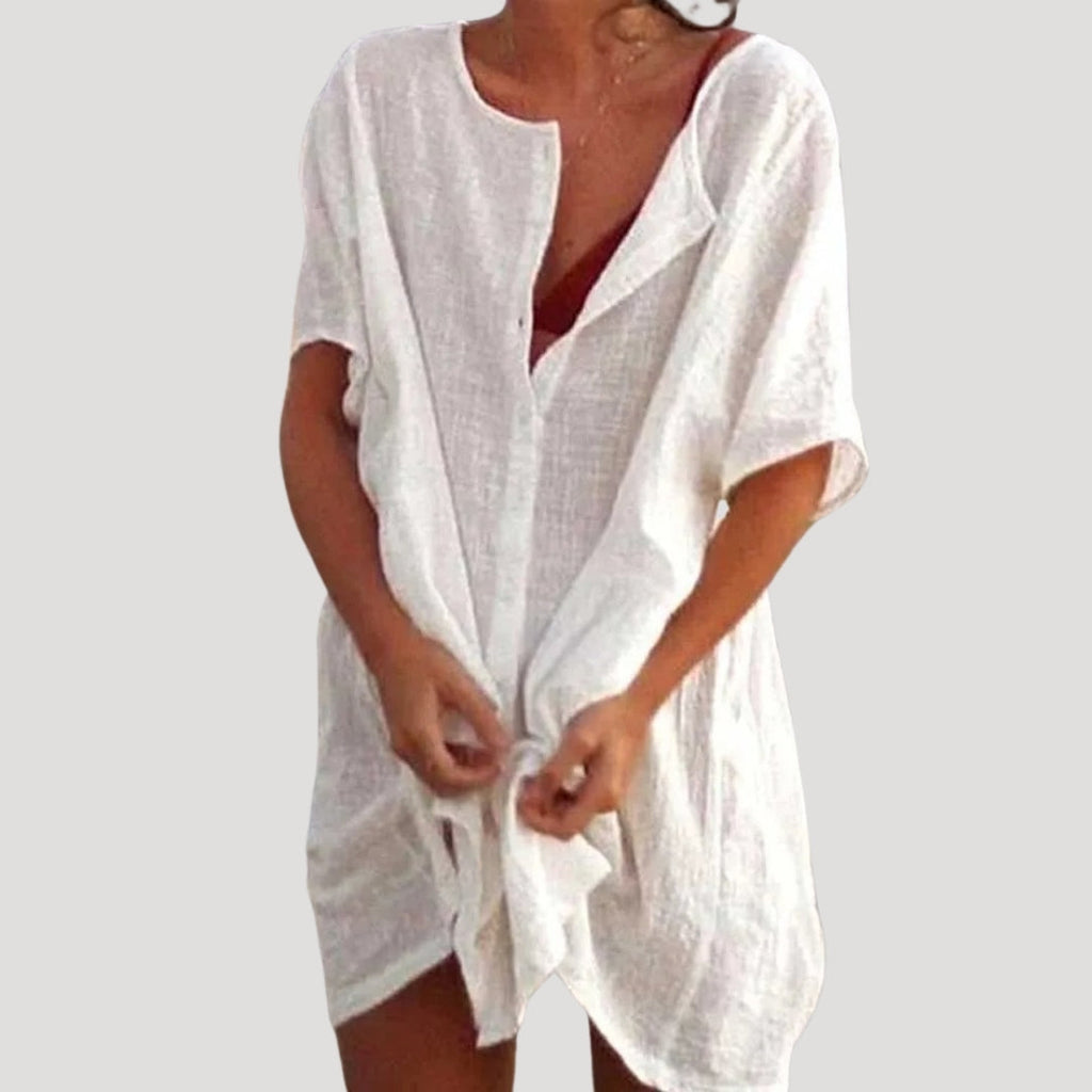 Women Tunic Dress | Loose fit with V-slit neckline and short sleeves