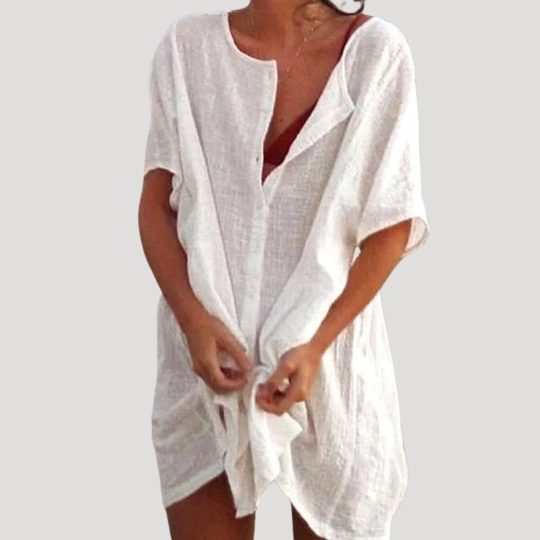 Women Tunic Dress | Loose fit with V-slit neckline and short sleeves