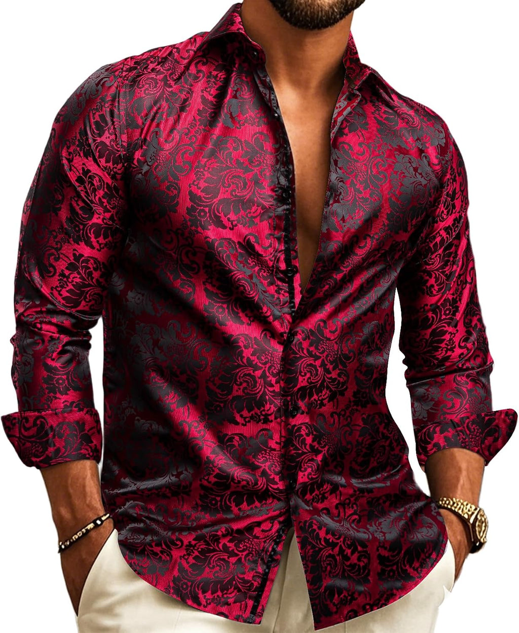 Paisley Jacquard Long Sleeve Button Front Shirt for Men | Evening Wear