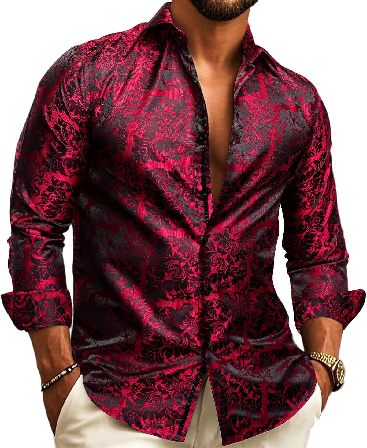 Paisley Jacquard Long Sleeve Button Front Shirt for Men | Evening Wear