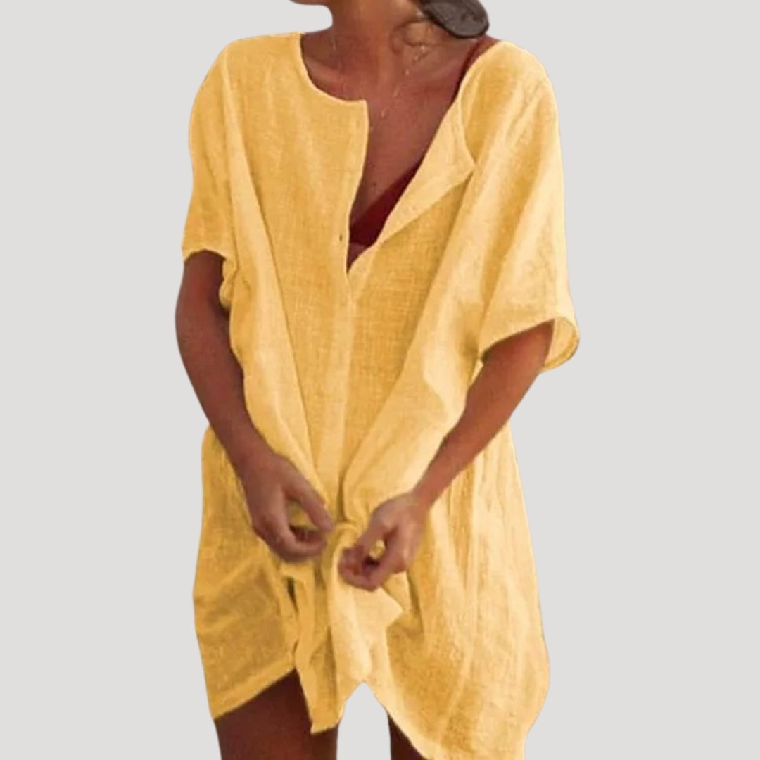 Women Tunic Dress | Loose fit with V-slit neckline and short sleeves