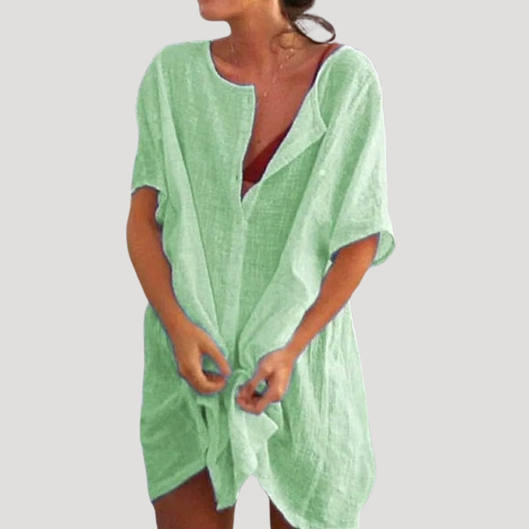 Women Tunic Dress | Loose fit with V-slit neckline and short sleeves